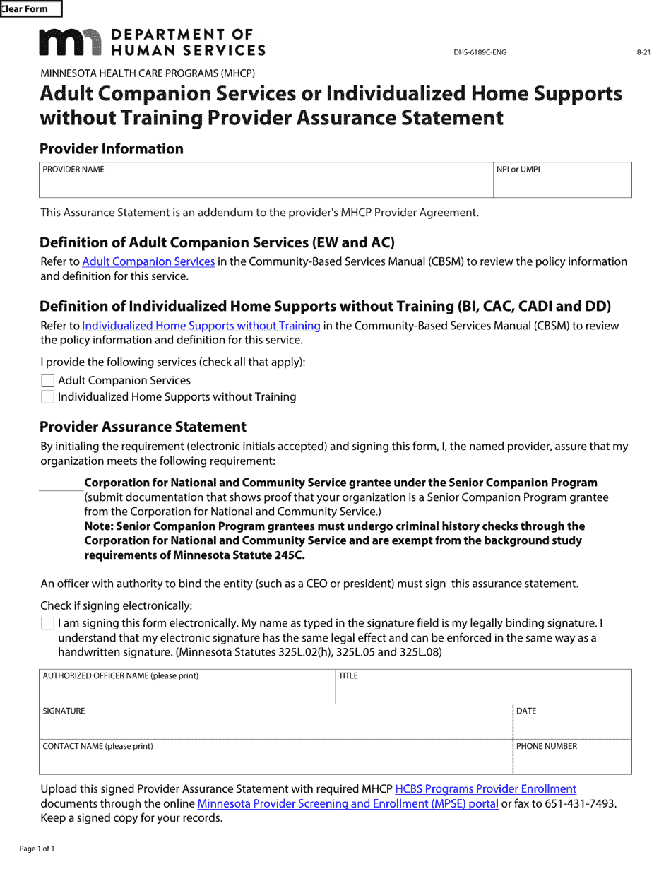 Form DHS-6189C-ENG Adult Companion Services or Individualized Home Supports Without Training Provider Assurance Statement - Minnesota Health Care Programs (Mhcp) - Minnesota, Page 1