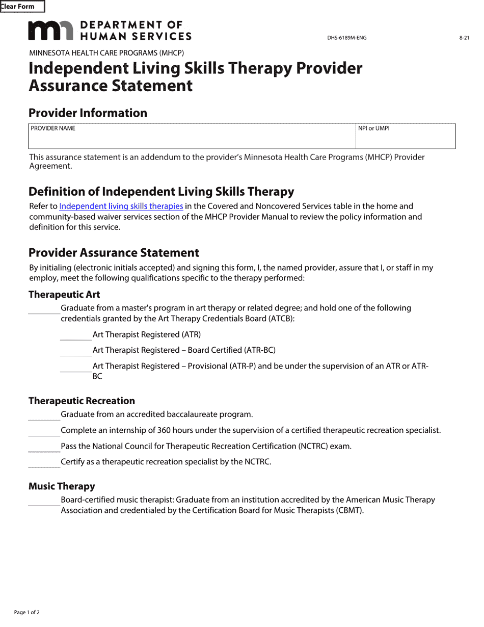 Form DHS-6189M-ENG Independent Living Skills Therapy Provider Assurance Statement - Minnesota Health Care Programs (Mhcp) - Minnesota, Page 1