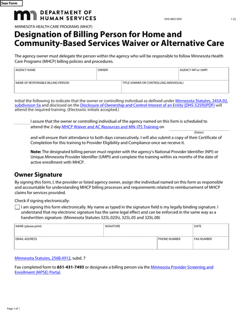 Form DHS-6855-ENG Designation of Billing Person for Home and Community-Based Services Waiver or Alternative Care - Minnesota Health Care Programs (Mhcp) - Minnesota