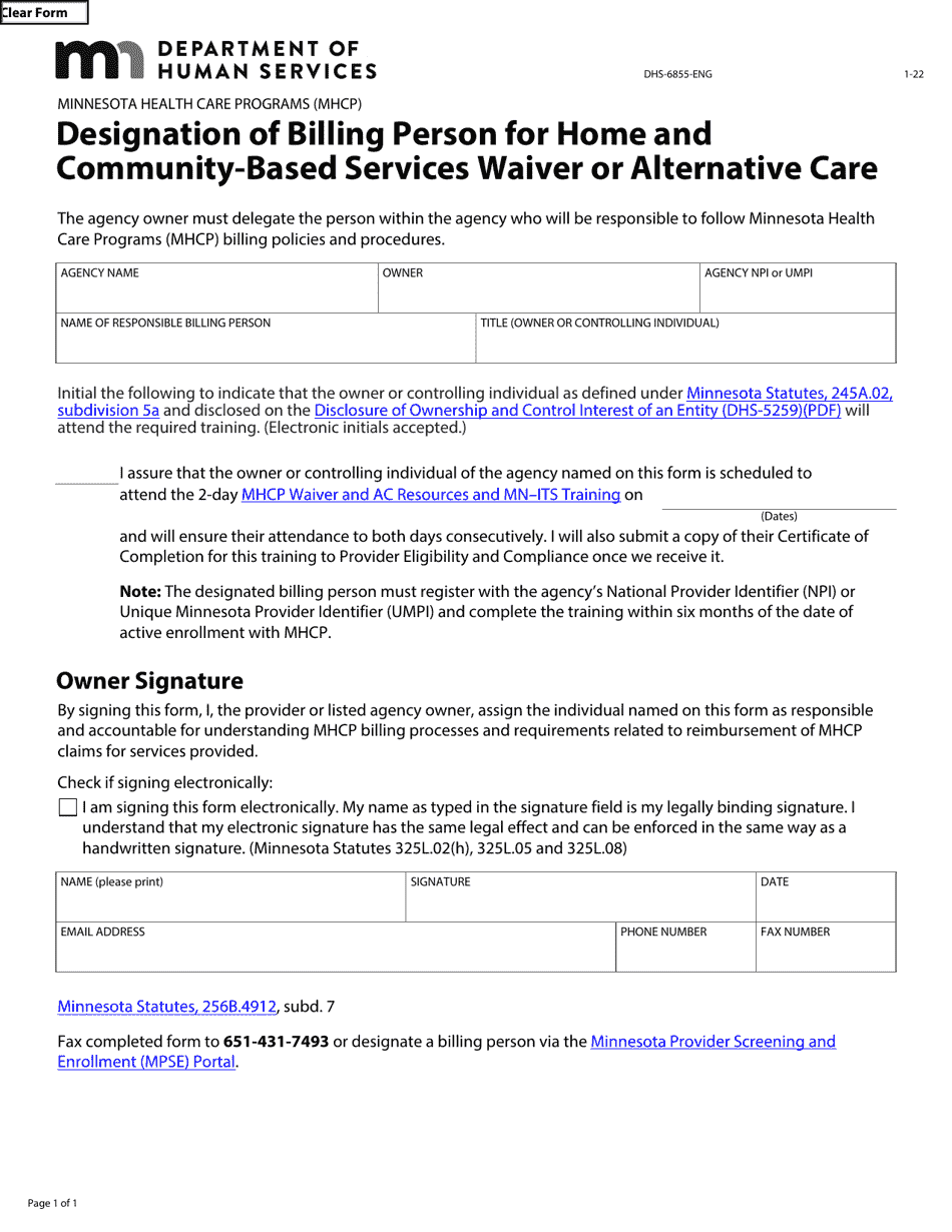 Form DHS-6855-ENG Designation of Billing Person for Home and Community-Based Services Waiver or Alternative Care - Minnesota Health Care Programs (Mhcp) - Minnesota, Page 1