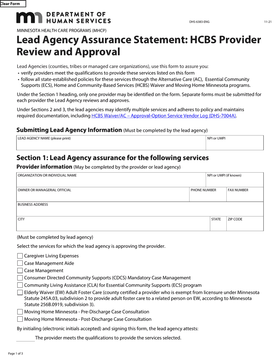 Form DHS-6383-ENG Lead Agency Assurance Statement: Hcbs Provider Review and Approval - Minnesota Health Care Programs (Mhcp) - Minnesota, Page 1