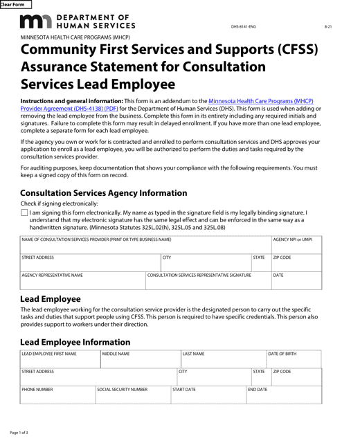Form DHS-8141-ENG Community First Services and Supports (Cfss) Assurance Statement for Consultation Services Lead Employee - Minnesota Health Care Programs (Mhcp) - Minnesota