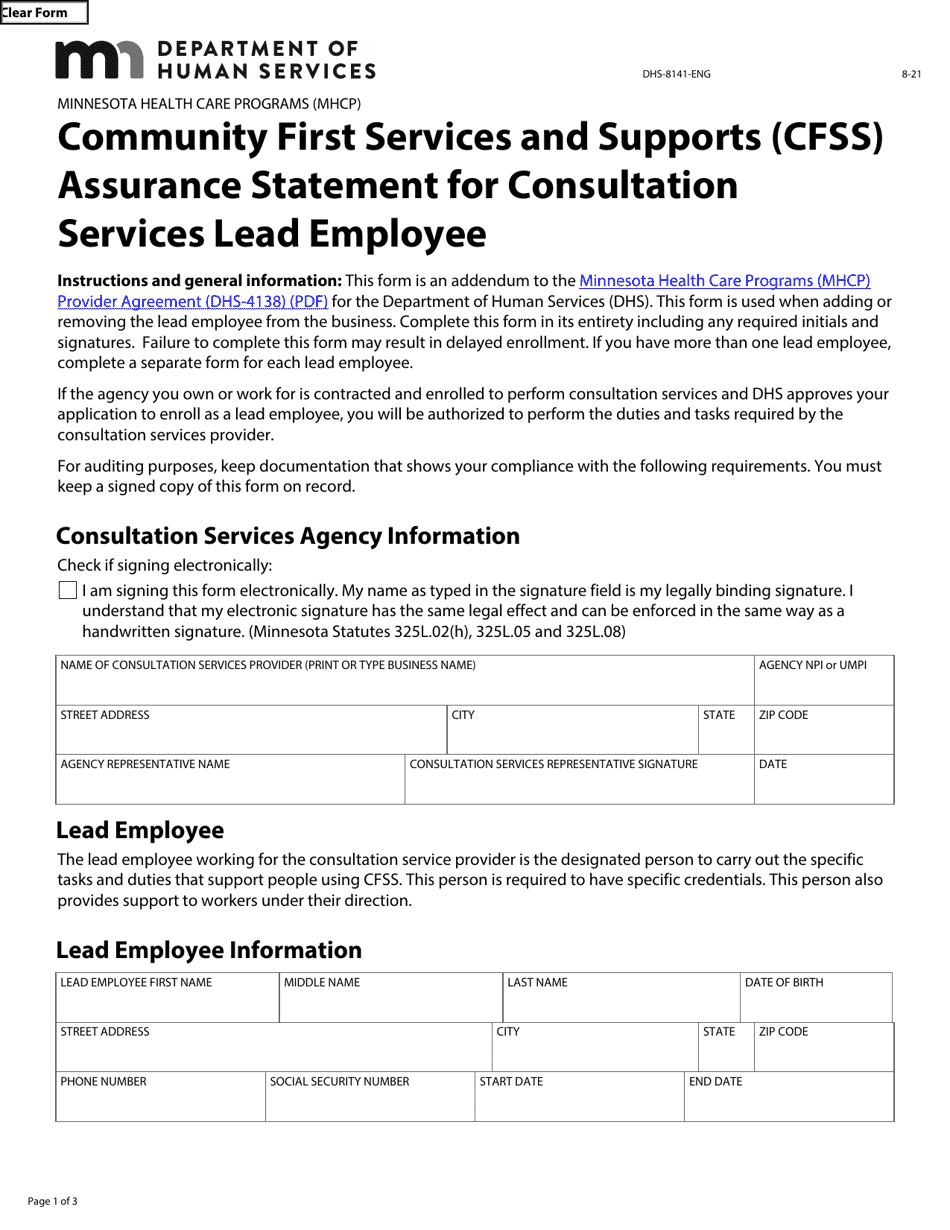 Form DHS-8141-ENG Community First Services and Supports (Cfss) Assurance Statement for Consultation Services Lead Employee - Minnesota Health Care Programs (Mhcp) - Minnesota, Page 1