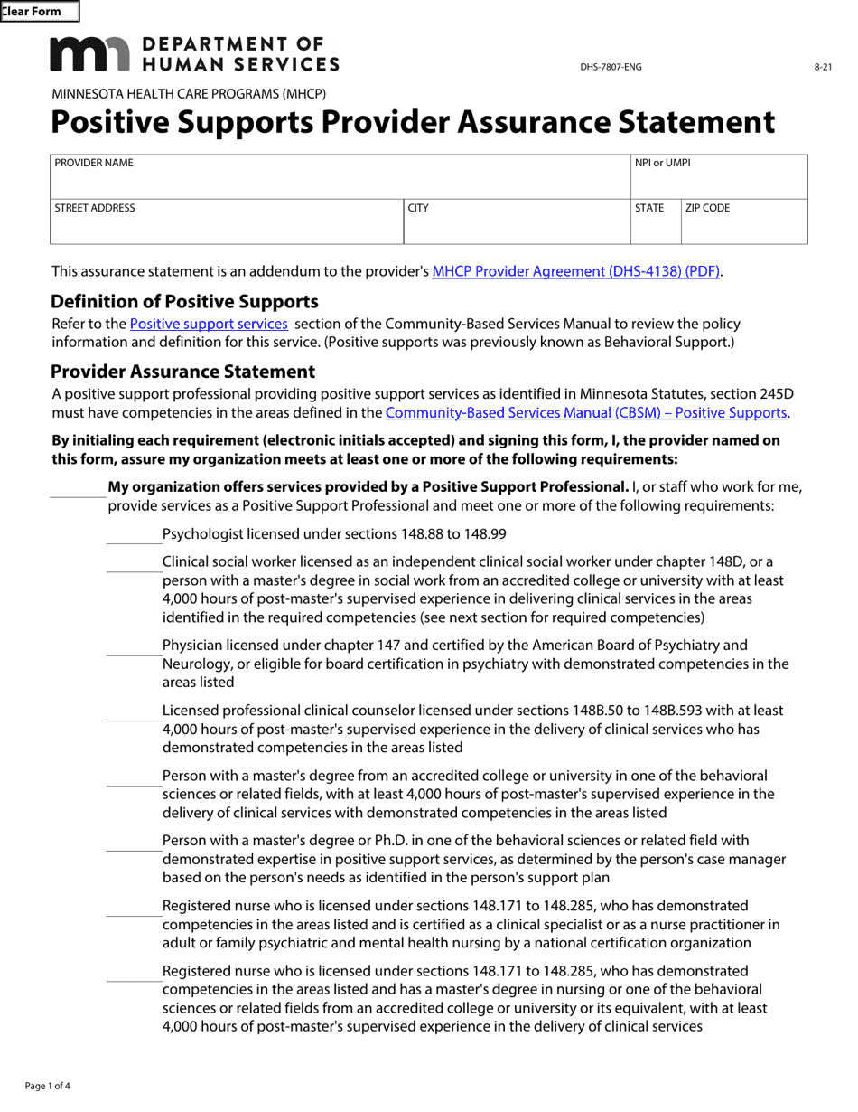 Form DHS-7807-ENG Positive Supports Provider Assurance Statement - Minnesota Health Care Programs (Mhcp) - Minnesota, Page 1