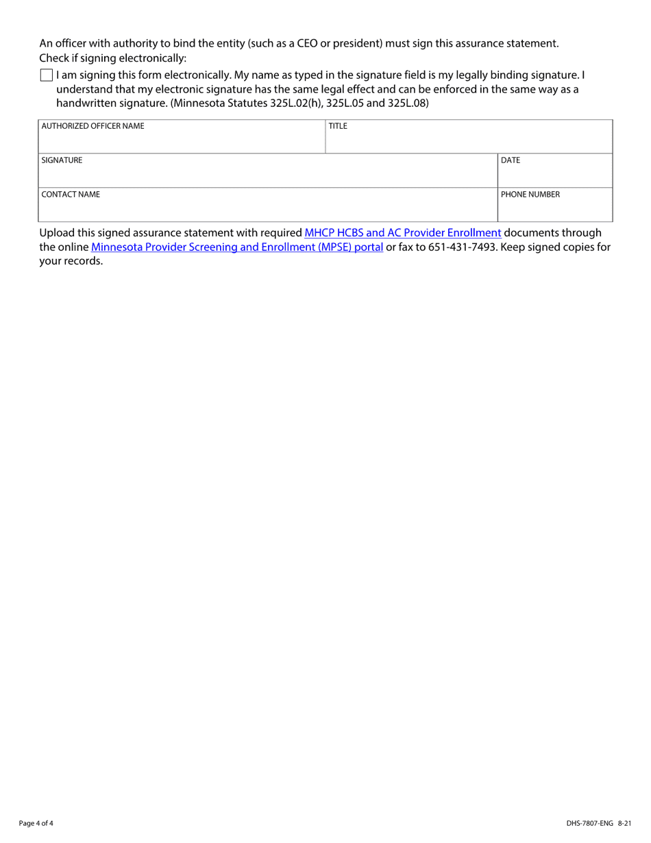Form DHS-7807-ENG Positive Supports Provider Assurance Statement - Minnesota Health Care Programs (Mhcp) - Minnesota, Page 4