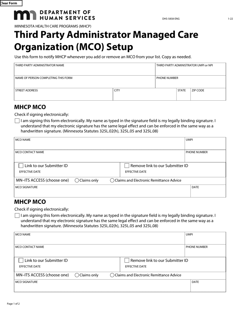 Form DHS-5858-ENG Third Party Administrator Managed Care Organization (Mco) Setup - Minnesota Health Care Programs (Mhcp) - Minnesota, Page 1