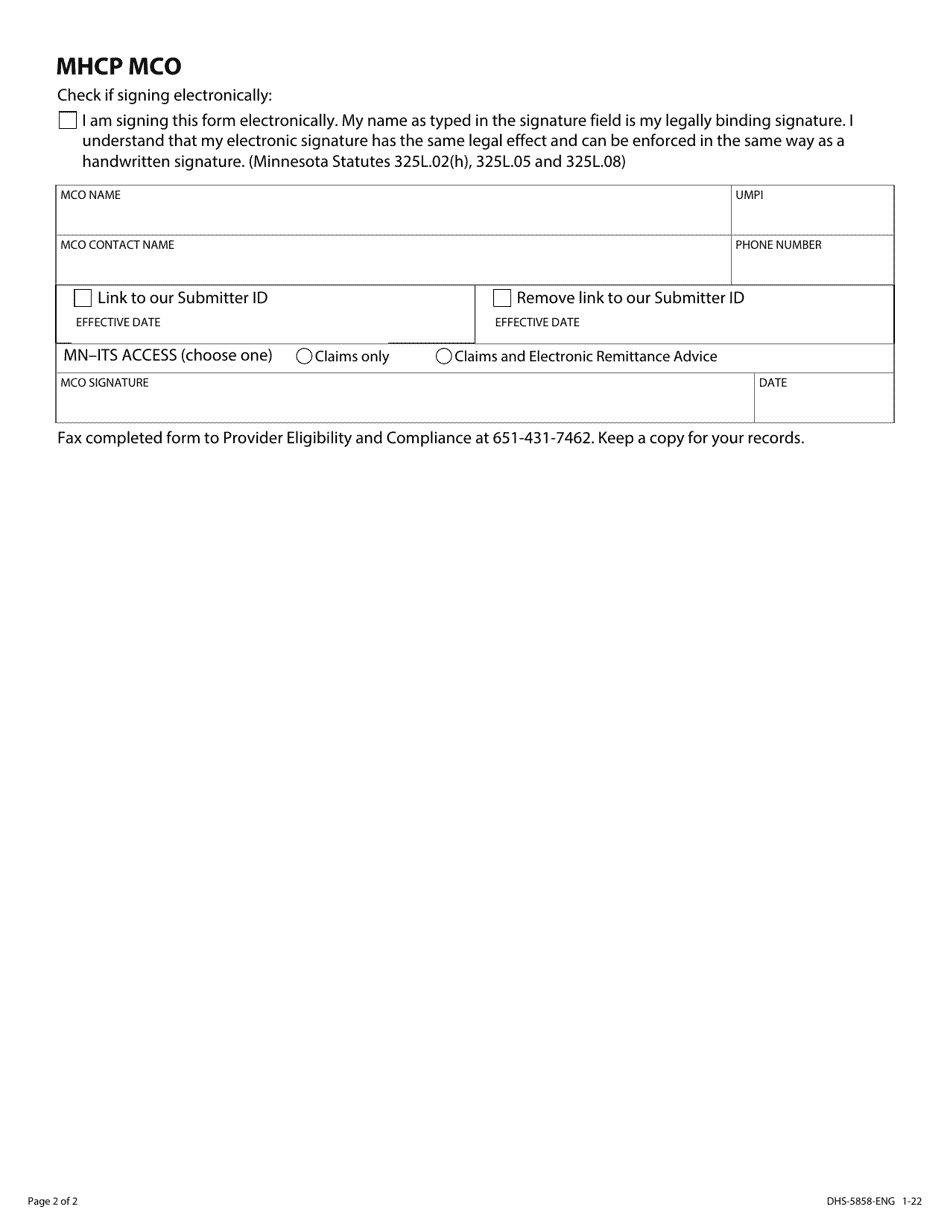 Form DHS-5858-ENG Third Party Administrator Managed Care Organization (Mco) Setup - Minnesota Health Care Programs (Mhcp) - Minnesota, Page 2