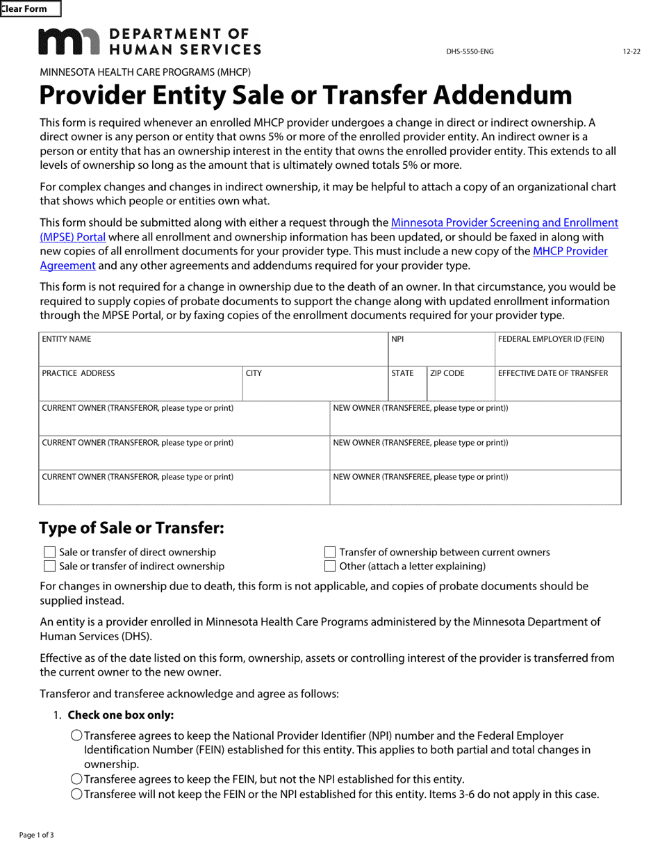 Form DHS-5550-ENG Provider Entity Sale or Transfer Addendum - Minnesota Health Care Programs (Mhcp) - Minnesota, Page 1