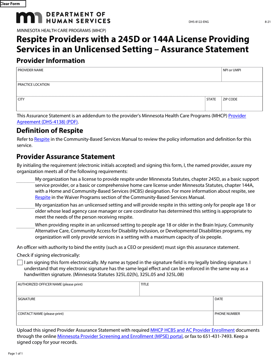 Form DHS-8122-ENG Respite Providers With a 245d or 144a License Providing Services in an Unlicensed Setting - Assurance Statement - Minnesota Health Care Programs (Mhcp) - Minnesota, Page 1