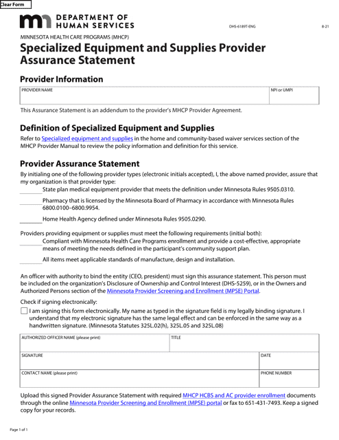 Form DHS-6189T-ENG Specialized Equipment and Supplies Provider Assurance Statement - Minnesota Health Care Programs (Mhcp) - Minnesota
