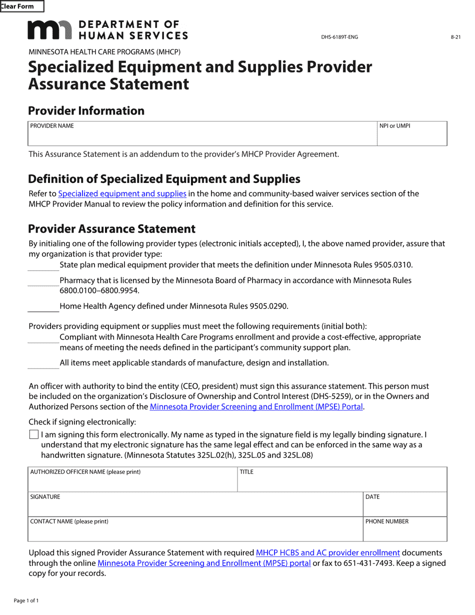 Form DHS-6189T-ENG Specialized Equipment and Supplies Provider Assurance Statement - Minnesota Health Care Programs (Mhcp) - Minnesota, Page 1