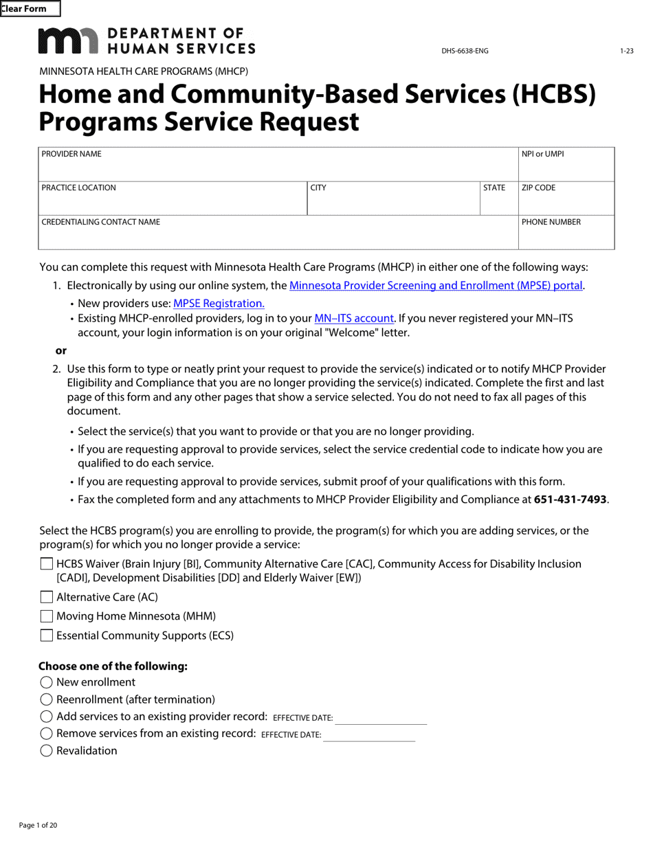Form DHS-6638-ENG Home and Community-Based Services (Hcbs) Programs Service Request - Minnesota Health Care Programs (Mhcp) - Minnesota, Page 1