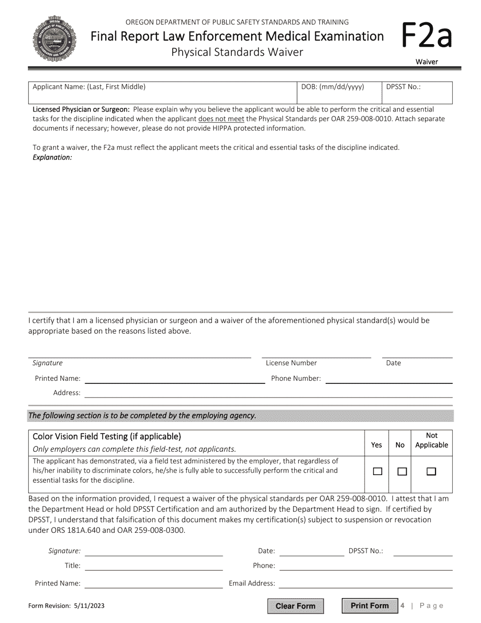Form F2A Final Report Law Enforcement Medical Examination - Oregon, Page 4