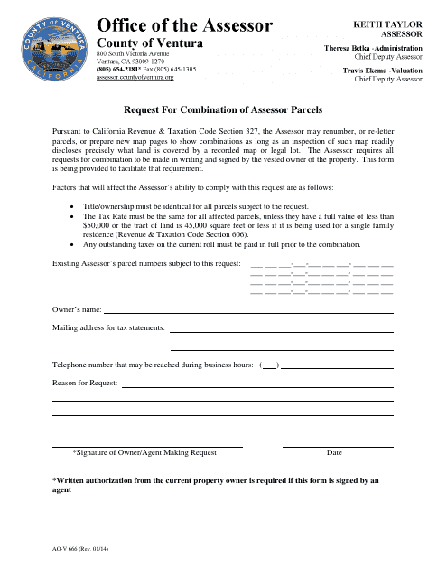 Form AO-V666 Request for Combination of Assessor Parcels - Ventura County, California
