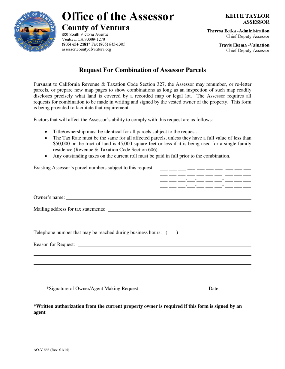 Form AO-V666 Request for Combination of Assessor Parcels - Ventura County, California, Page 1