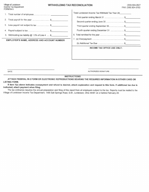 Form W-3 Withholding Tax Reconciliation - Village of Lordstown, Ohio