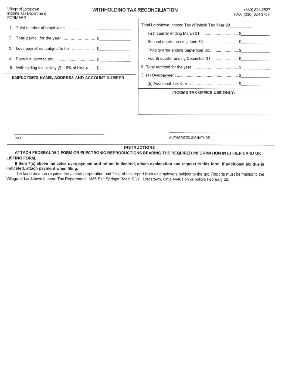 Form W-3 Withholding Tax Reconciliation - Village of Lordstown, Ohio, Page 1