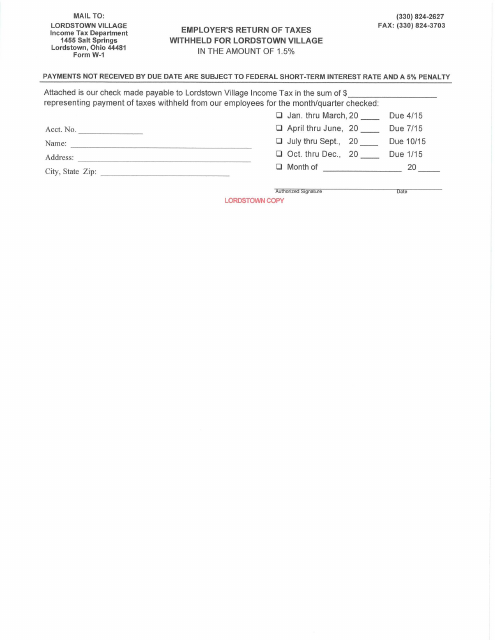 Form W-1 Employer's Return of Taxes Withheld for Lordstown Village - Village of Lordstown, Ohio