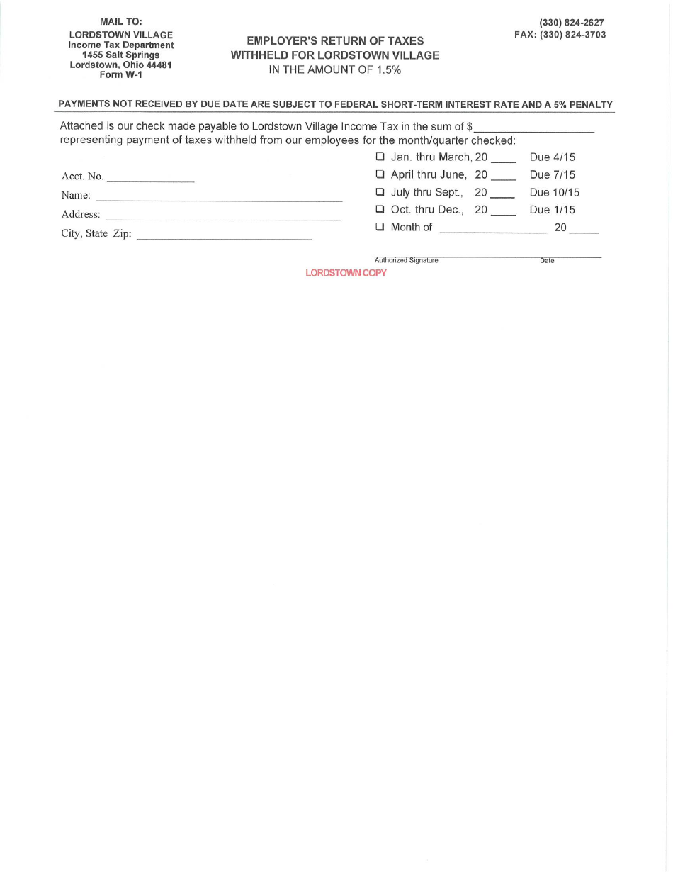Form W-1 Employers Return of Taxes Withheld for Lordstown Village - Village of Lordstown, Ohio, Page 1
