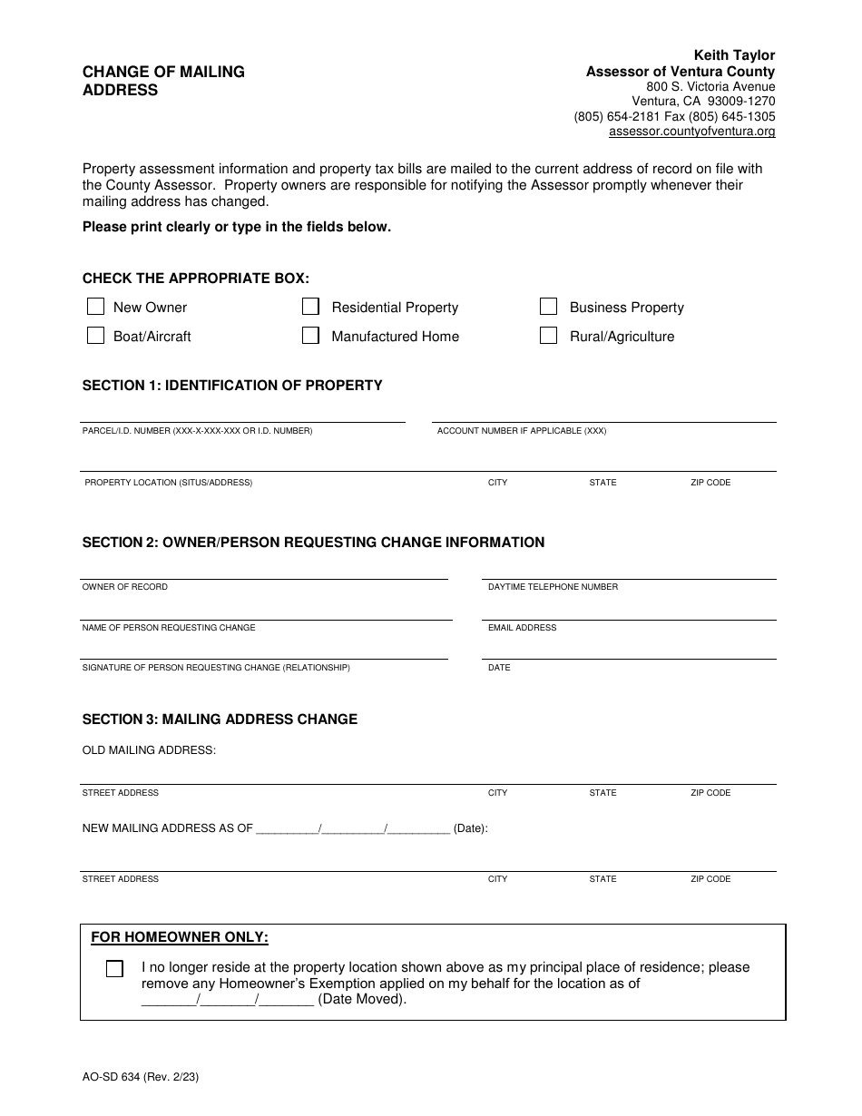 Form AO-SD634 Change of Mailing Address - Ventura County, California, Page 1