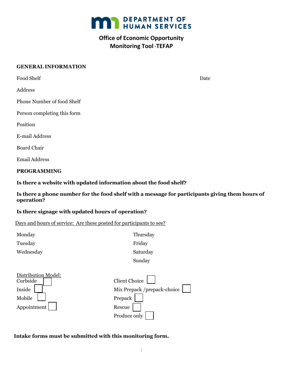 Monitor Forms for Shelf and Onsite - the Emergency Food Assistance Program (Tefap) - Minnesota, Page 1