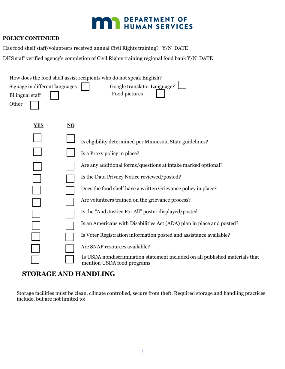 Monitor Forms for Shelf and Onsite - the Emergency Food Assistance Program (Tefap) - Minnesota, Page 3