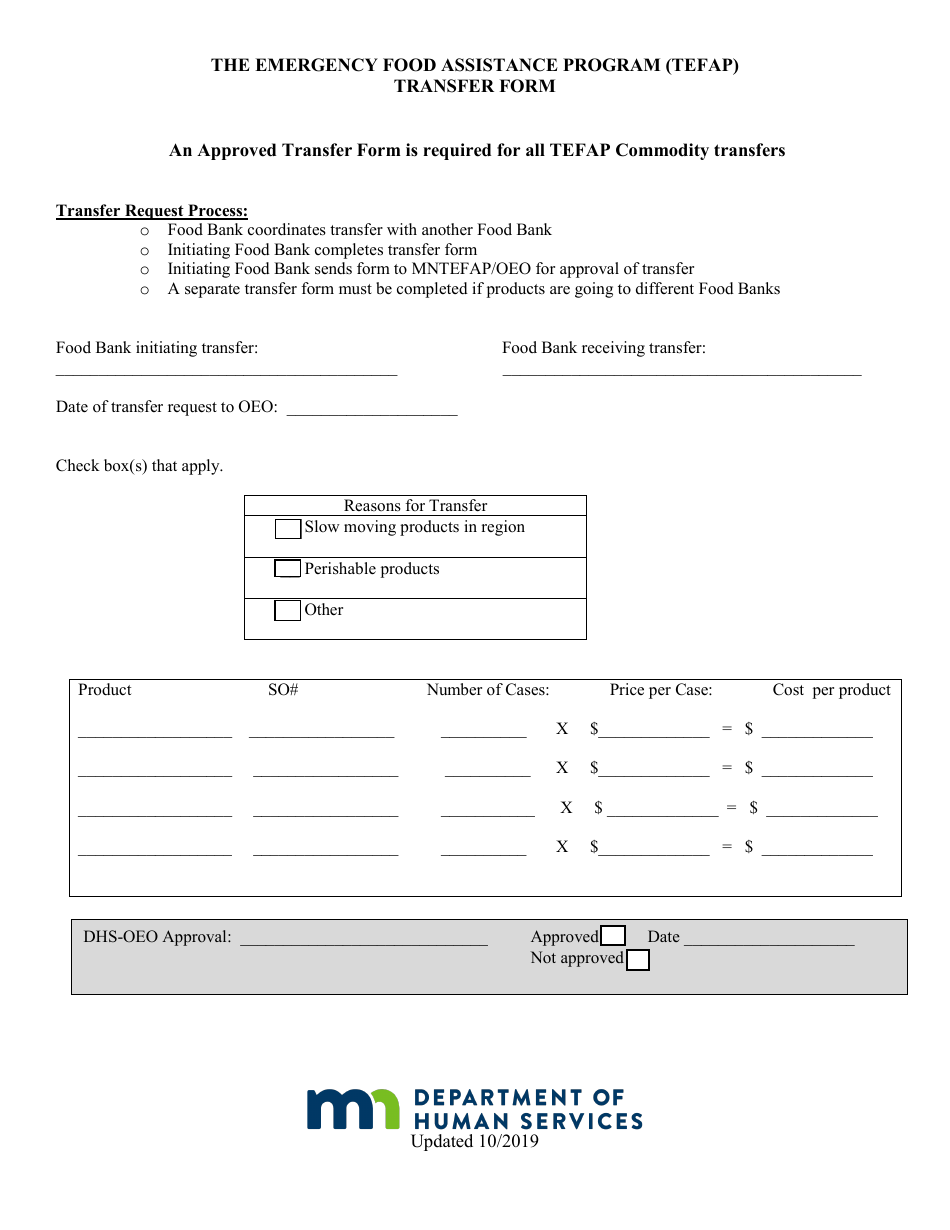 Transfer Form - the Emergency Food Assistance Program (Tefap) - Minnesota, Page 1