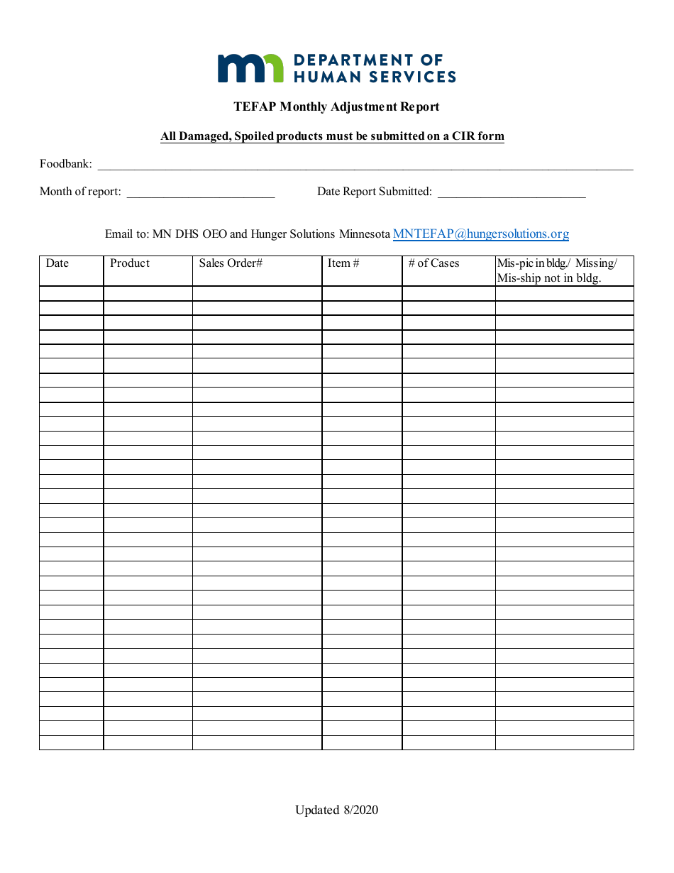 Tefap Monthly Adjustment Report - Minnesota, Page 1