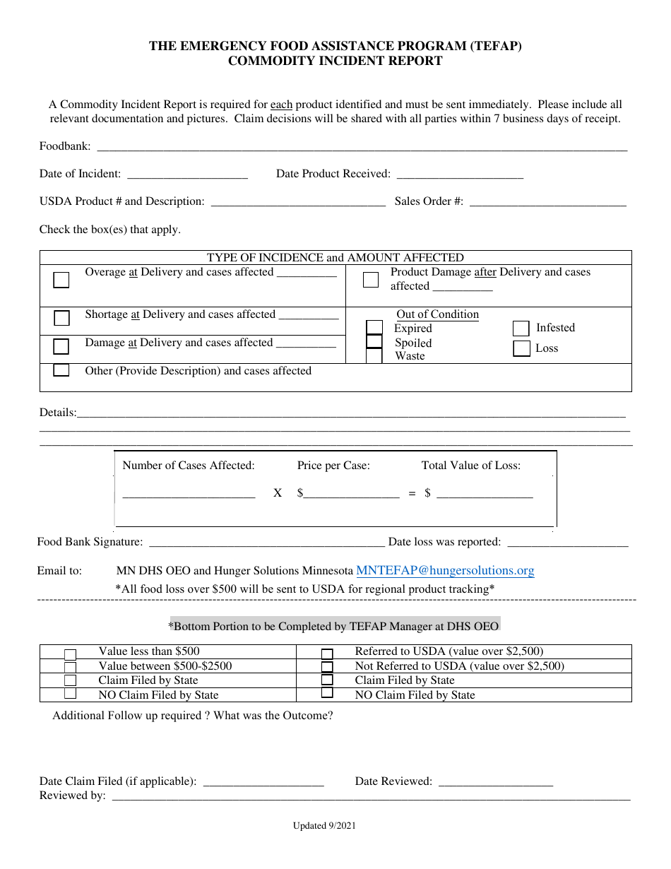 Commodity Incident Report - the Emergency Food Assistance Program (Tefap) - Minnesota, Page 1