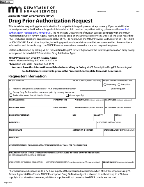 Form DHS-4424-ENG Drug Prior Authorization Request - Minnesota Health Care Programs (Mhcp) - Minnesota