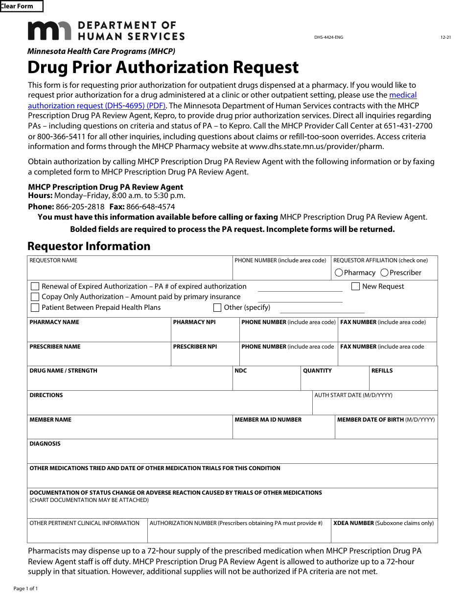 Form DHS-4424-ENG Drug Prior Authorization Request - Minnesota Health Care Programs (Mhcp) - Minnesota, Page 1