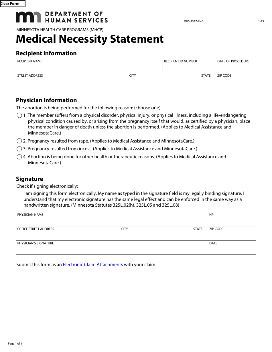 Form Dhs 2327 Eng Download Fillable Pdf Or Fill Online Medical Necessity Statement Minnesota 7649