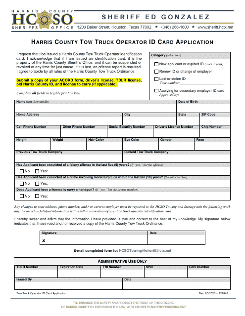 Tow Truck Operator Id Card Application - Harris County, Texas Download Pdf