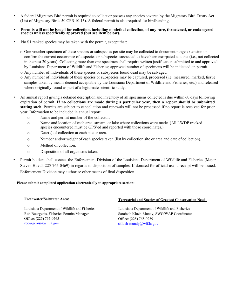 Scientific Research and Collecting Permit Application - Louisiana, Page 2