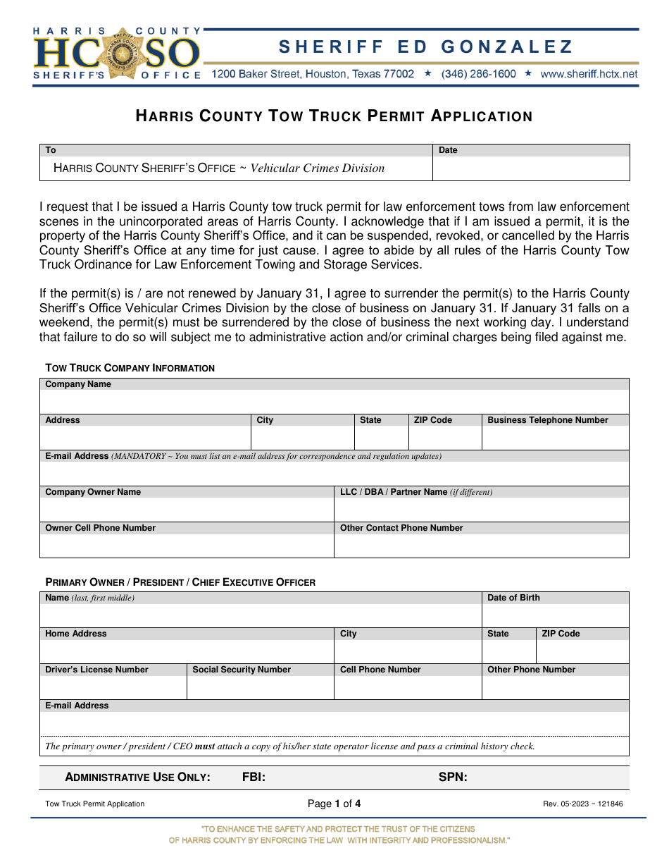 Tow Truck Permit Application - Harris County, Texas, Page 1