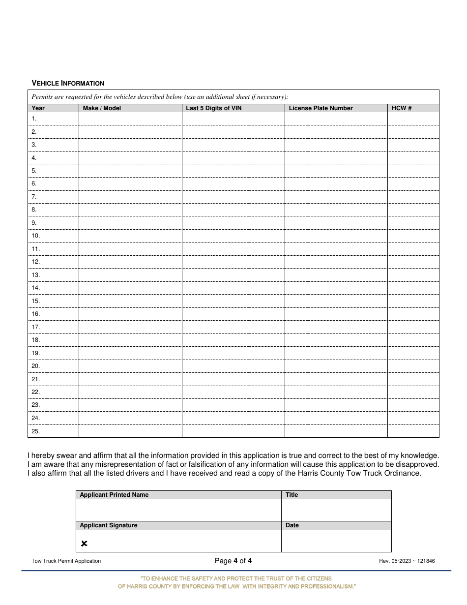 Tow Truck Permit Application - Harris County, Texas, Page 4