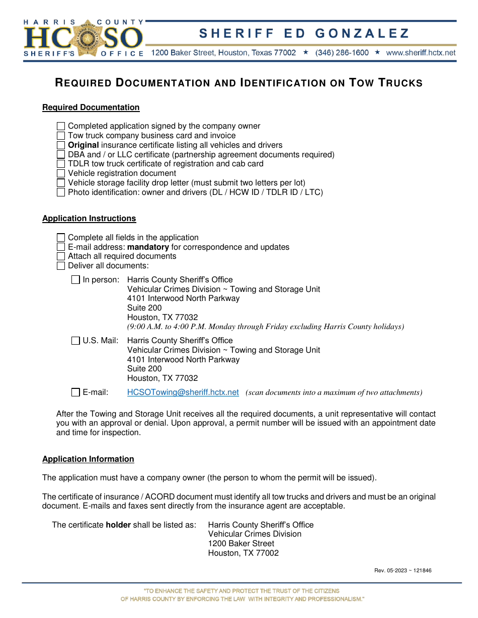 Tow Truck Permit Application - Harris County, Texas, Page 5