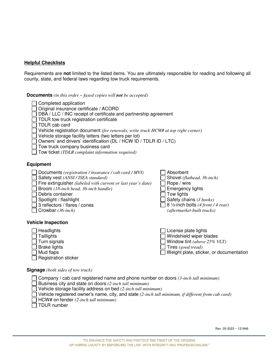 Tow Truck Permit Application - Harris County, Texas, Page 7
