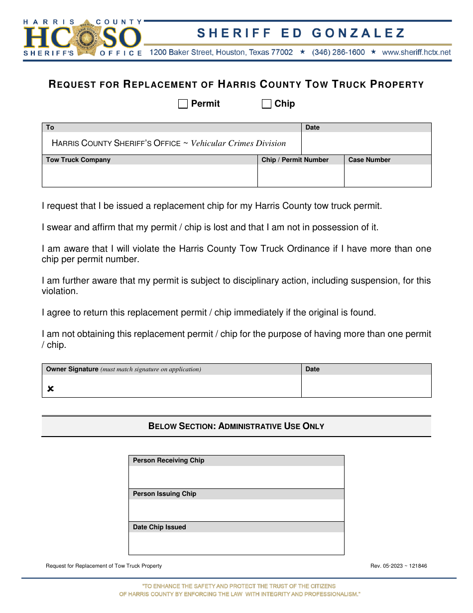 Request for Replacement of Harris County Tow Truck Property - Harris County, Texas, Page 1