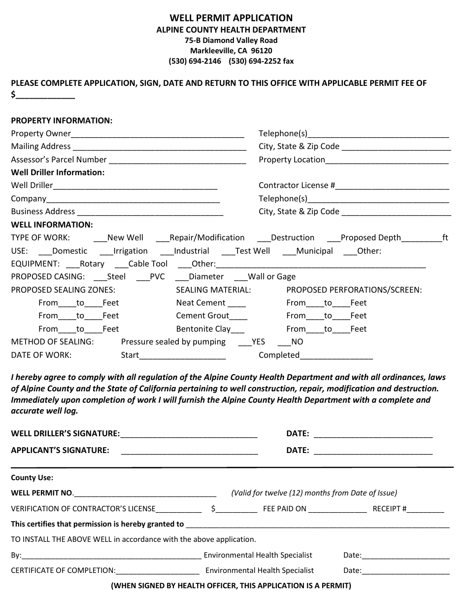 Apline County, California Well Permit Application - Fill Out, Sign ...