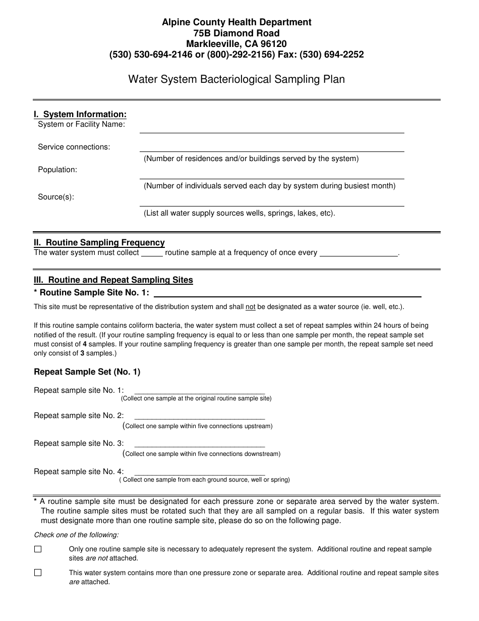 Water System Bacteriological Sampling Plan - Apline County, California, Page 1