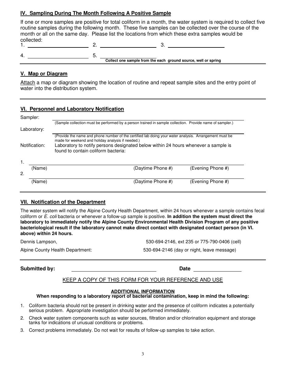 Apline County, California Water System Bacteriological Sampling Plan