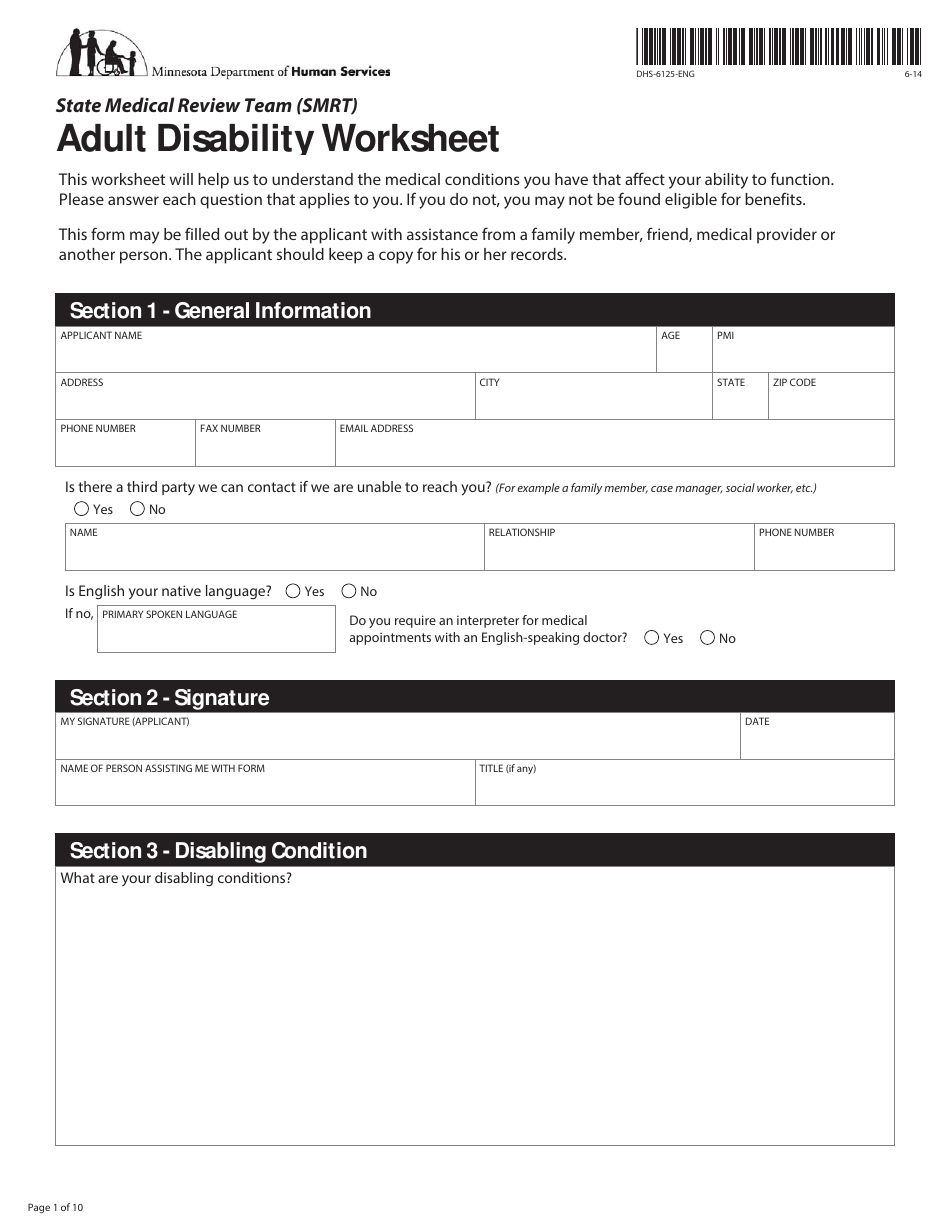 Form DHS-6125-ENG State Medical Review Team (Smrt) Adult Disability Worksheet - Minnesota, Page 1