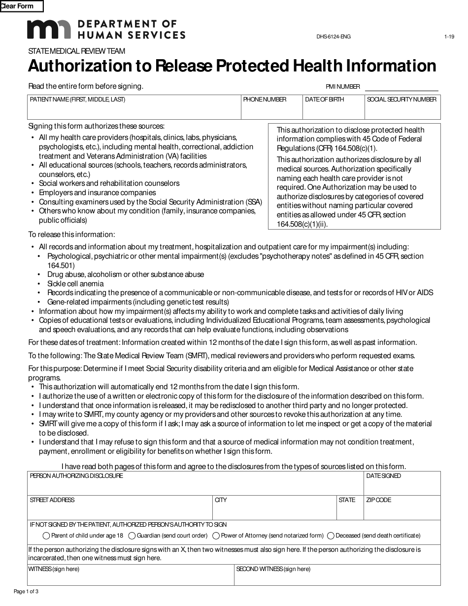 Form DHS-6124-ENG State Medical Review Team Authorization to Release Protected Health Information - Minnesota, Page 1