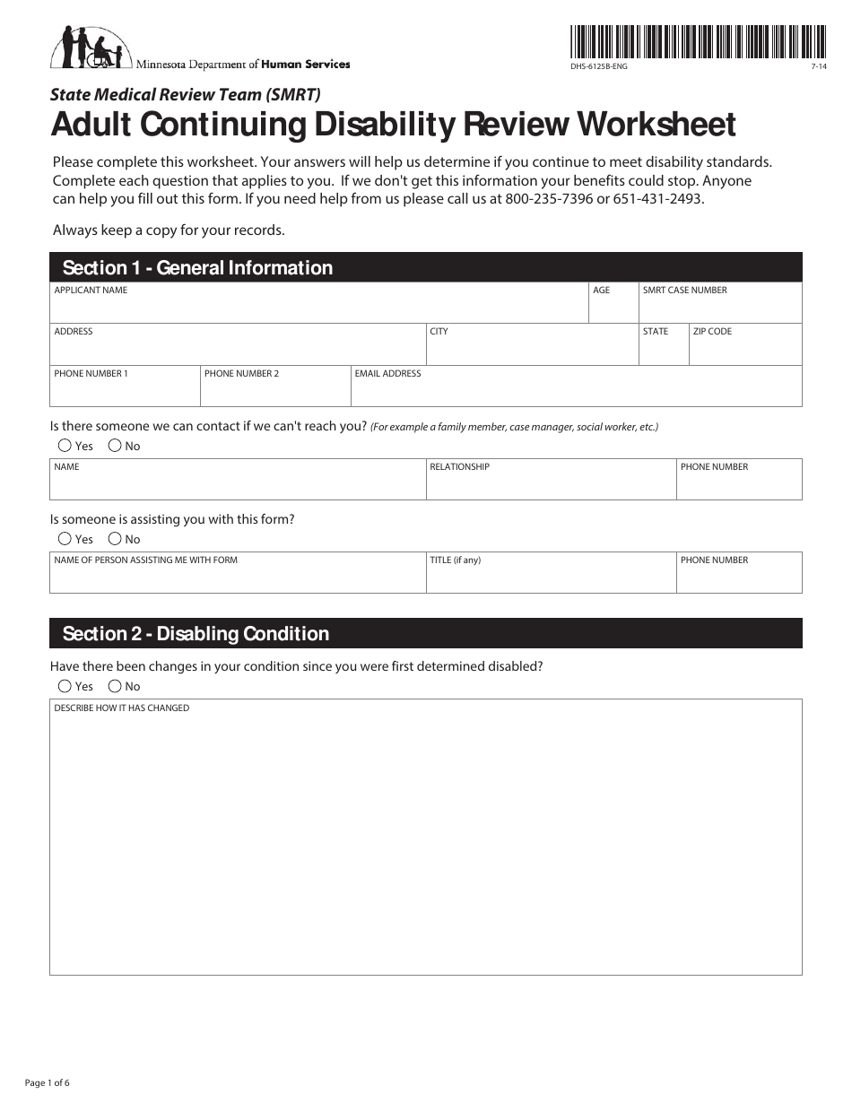 Form DHS-6125B-ENG State Medical Review Team (Smrt) Adult Continuing Disability Review Worksheet - Minnesota, Page 1