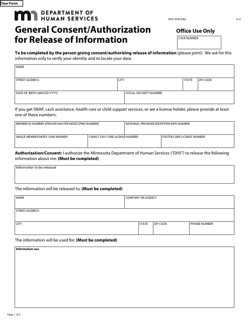 Form DHS-3549-ENG General Consent/Authorization for Release of Information - Minnesota