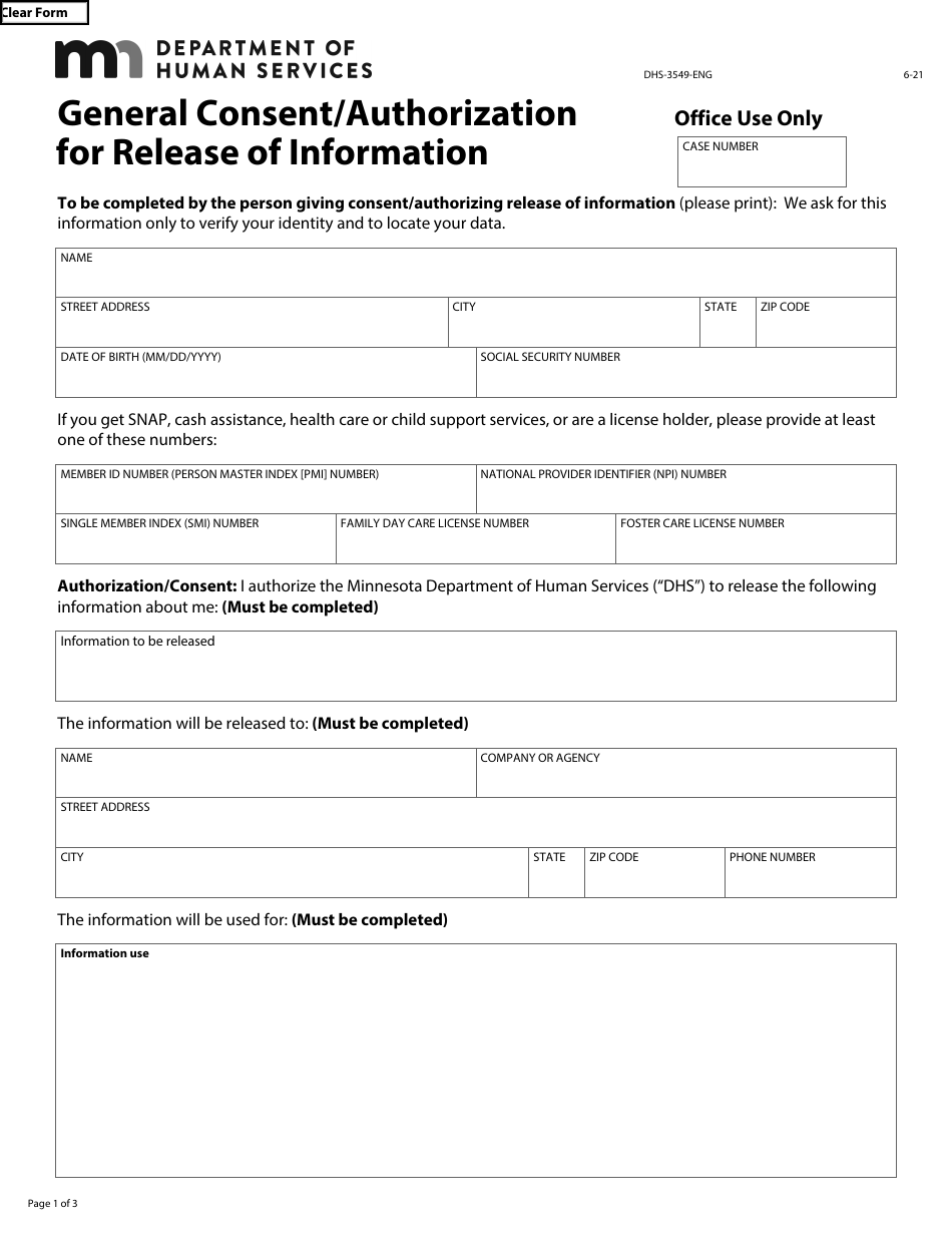 Form DHS-3549-ENG General Consent / Authorization for Release of Information - Minnesota, Page 1