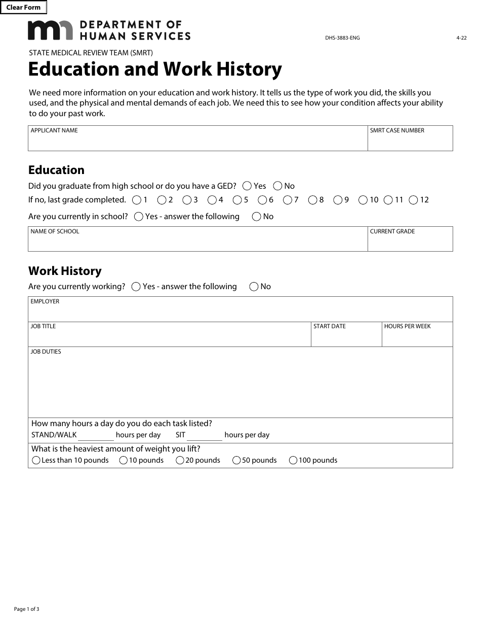 Form DHS-3883-ENG Education and Work History - Minnesota, Page 1