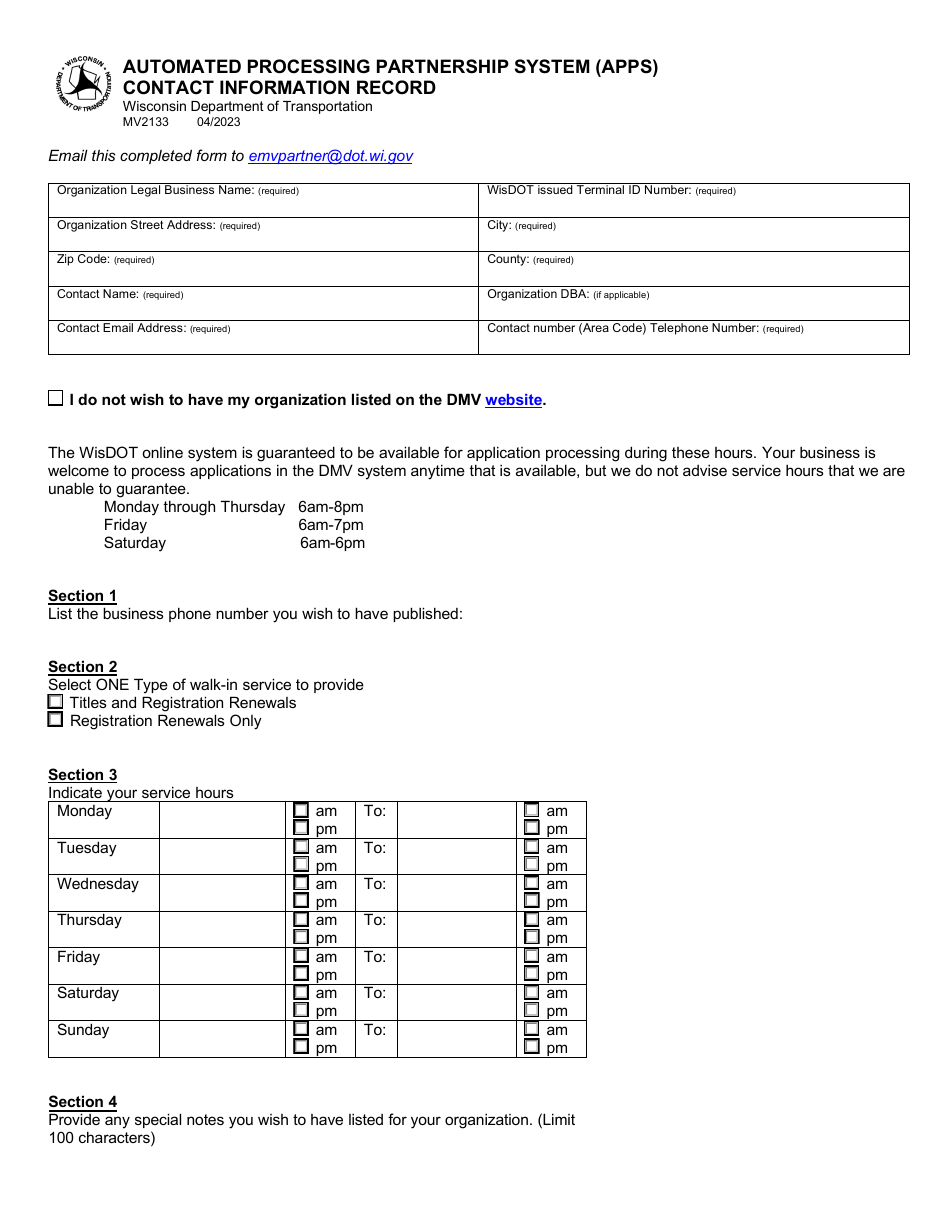 Form MV2133 Automated Processing Partnership System (Apps) Contact Information Record - Wisconsin, Page 1