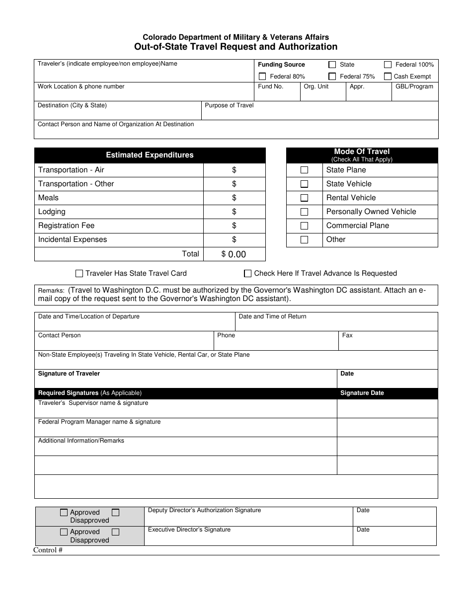 Out-of-State Travel Request and Authorization - Colorado, Page 1